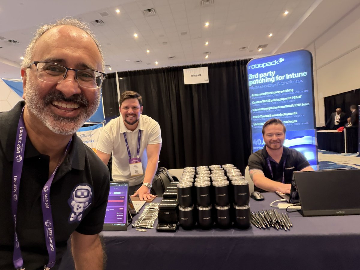 _Robopack's tweet photo. Team Robopack has landed at #MSPSummit Orlando!

Stop by Booth #518 and say hello to Harjit Dhaliwal, Zander Sorenson &amp; Clint Williams. Come for the Intune app management demos, stay for the conversations… and maybe the swag.

#Robopack #MSPSummit #MSIntune https://t.co/1CwVwjqcNZ