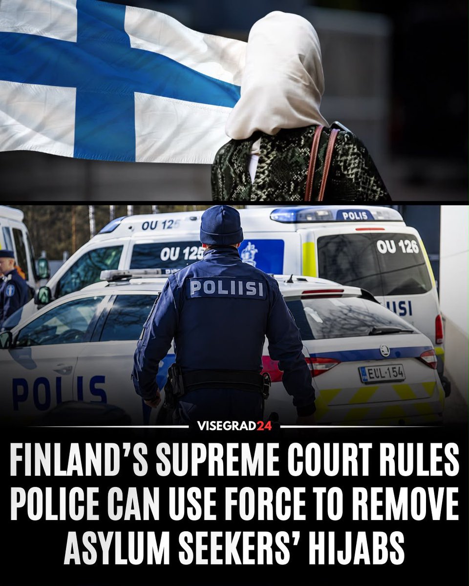 visegrad24's tweet photo. Finland’s Supreme Court has ruled that police may, as a last resort, use proportionate force to remove an asylum seeker’s hijab when necessary to take an official identification photograph without a head covering.

The case involved two female asylum seekers who refused on religious grounds to remove their hijabs for photographs at a Hämeenlinna police station in 2017, despite being told only female personnel would be present. Officers ultimately restrained the women and removed their hijabs.