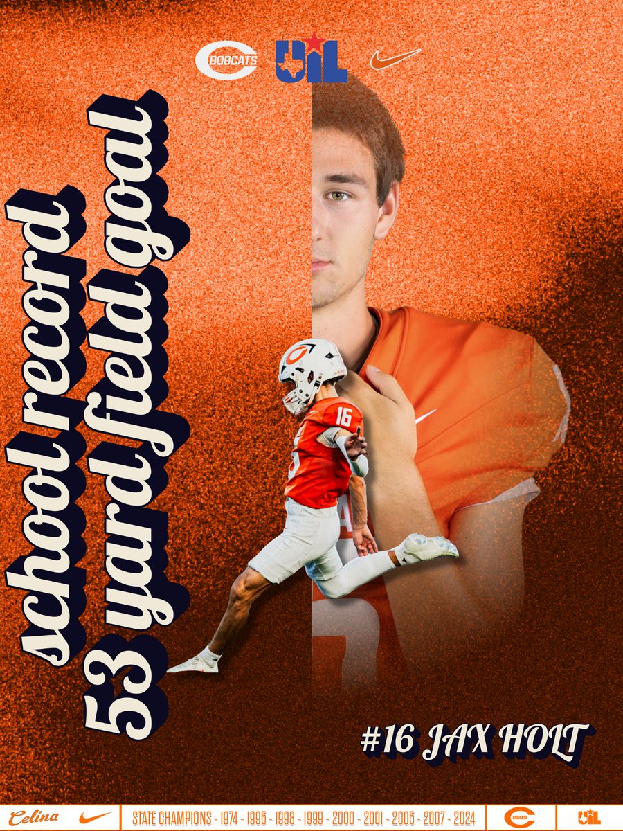 gobobcatfb's tweet photo. Jax Holt kicked a 53 yard field goal which set a school record for Celina High School on Friday.
Jax is 17/17 on PAT and 4/5 on FG.
@Tepper @Matt_Stepp817 @dctf @CoachBindel @RecruitCelinaFB
#OFOT #GoBocats #Celina #TXHSFB #unbreakable https://t.co/Ttx1OZZTor