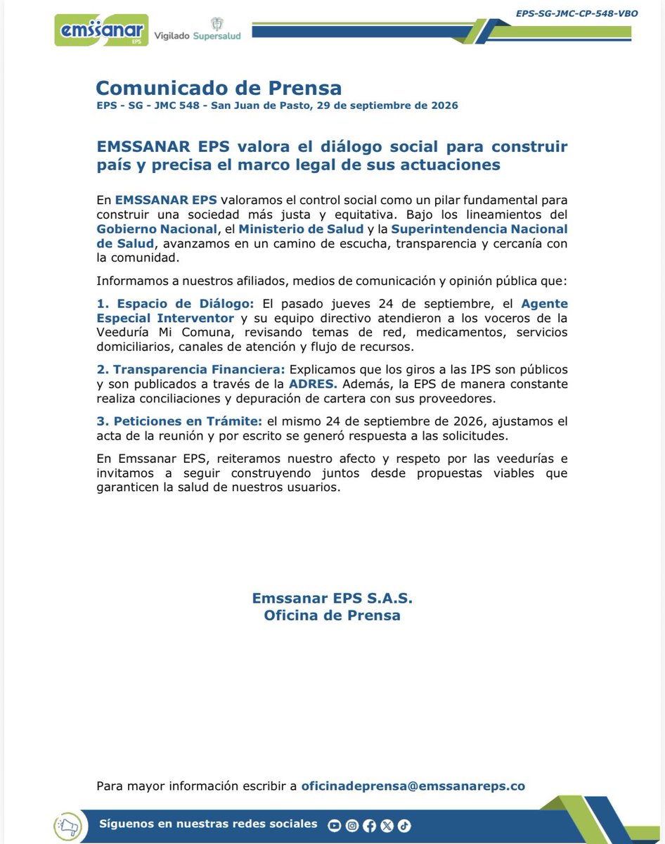EmssanarEPS's tweet photo. #ComunicadoDePrensa *En Emssanar EPS valoramos el control social como pilar de equidad y transparencia*   

Avanzamos en espacios de diálogo con la comunidad y veedurías ciudadanas, ratificando nuestro compromiso dentro del marco legal.

#EmssanarEPS #Transparencia #Salud https://t.co/1Hmbryhz3X