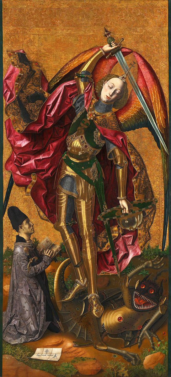 MaoTlac's tweet photo. Bartolome Bermejo
Saint Michael triumphant over the Devil with the Donor Antonio Juan. 1468. https://t.co/2djpKuwDM5