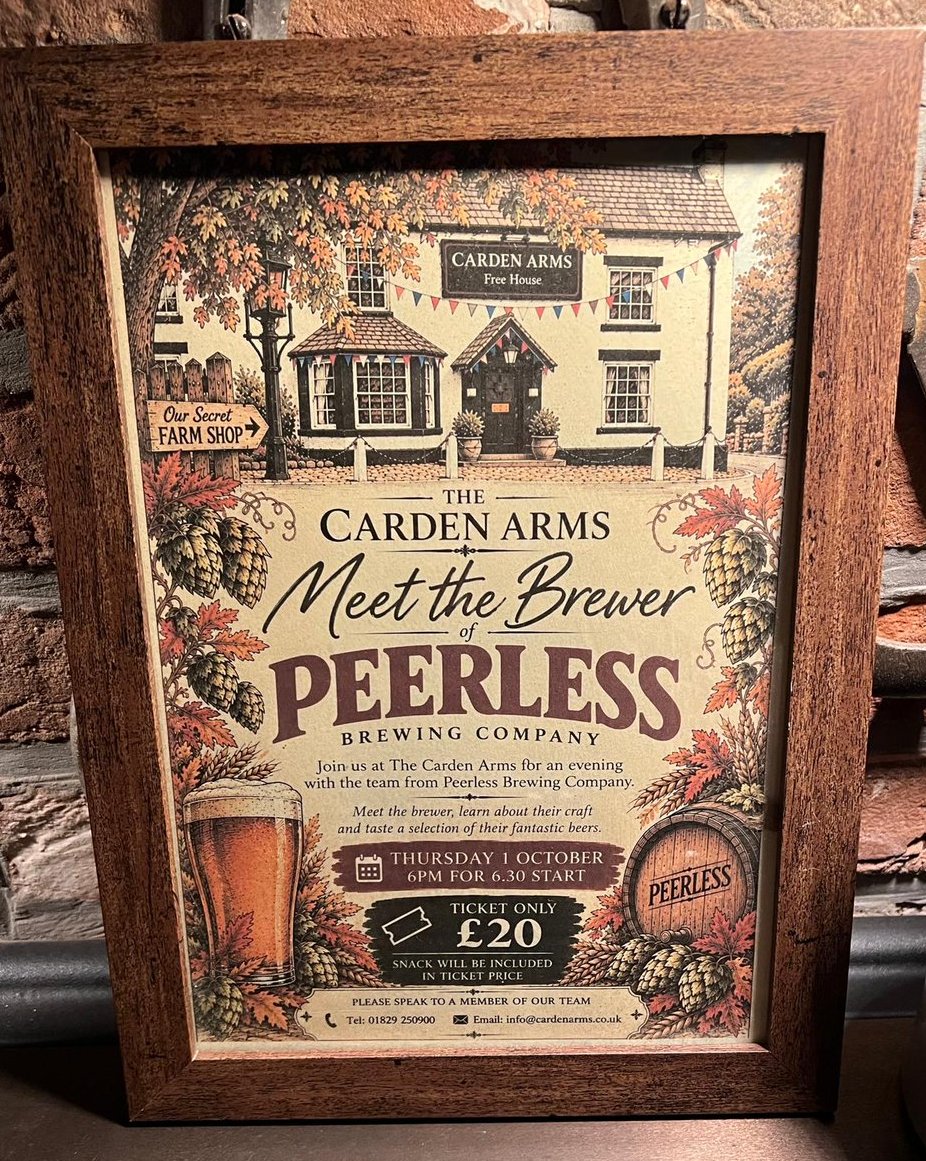 carden_arms_ale's tweet photo. Now then, to celebrate our 9th year in the GBG, we have a Peerless Meet the Brewer evening this Thursday, Oct 1st. 4 ales to taste with brewer/owner Steve Briscoe. All welcome, 6.30pm. Snacks too. #caskale #cheshirepubs #beertasting #GBG2027
#camra #countrypubs #goodale https://t.co/bVyXICEmjF