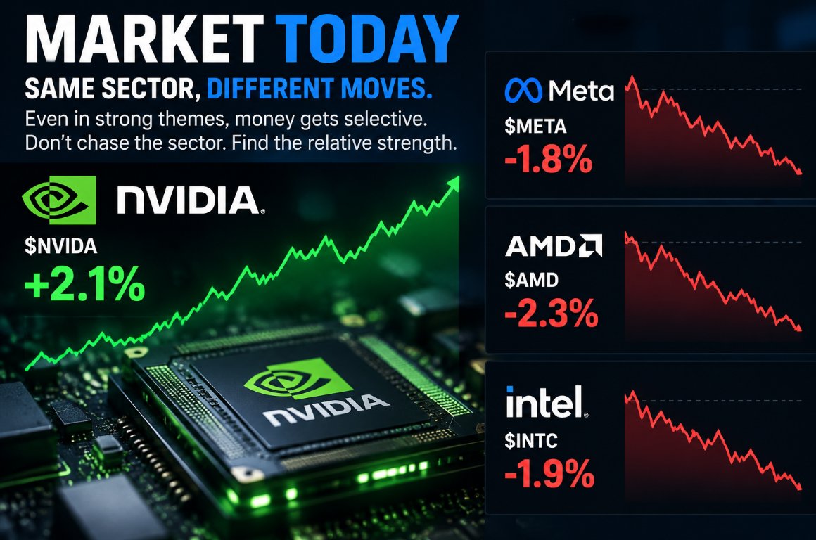 AndersonInvests's tweet photo. Interesting tape today.

$NVDA is holding strong while $META, $AMD and $INTC are under pressure.

That’s a good reminder: even in strong themes, money gets selective.

Don’t chase the sector. Find the relative strength. https://t.co/Apw1uIhTPc