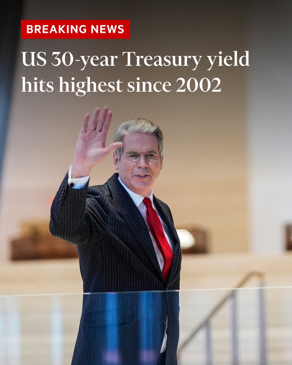 FT's tweet photo. Breaking news: US longer-term borrowing costs have hit their highest level in almost a quarter of a century as a recent sell-off in the Treasury market deepened. https://t.co/eGeBaCfSWG https://t.co/WdgBucIAZr