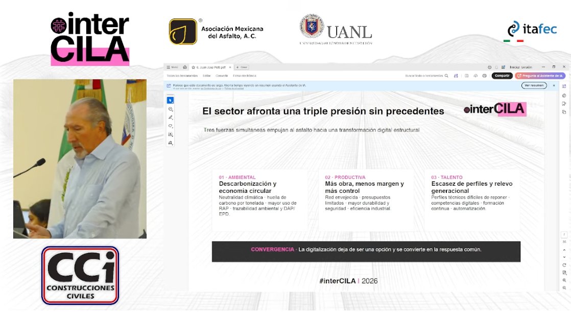 Perisandru's tweet photo. 🤖 "Maquinaria autónoma, gemelos digitales y sensores con IA. El #Asphalt40 ya no es el futuro, es el presente de nuestra infraestructura."

— Juan José Potti @jjpotti  en el @interCILA  #InterCILA2026 🧵👇

#CarreterasyAlgoMas #perisandru https://t.co/JoxdLvUPTJ