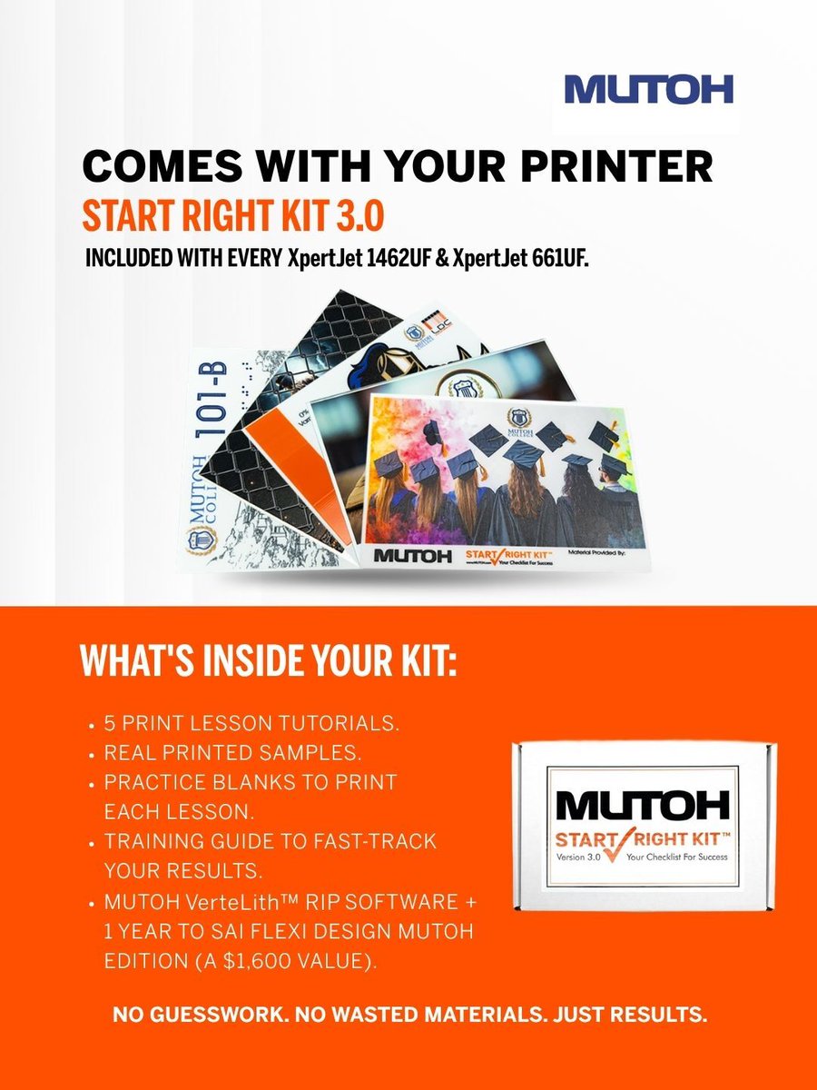 MutohAmerica's tweet photo. The best part of getting a new printer? Knowing you have everything to succeed with it.
The Start Right Kit 3.0 comes with every XpertJet 1462UF & XpertJet 661UF, because a great printer deserves a great start.
 
👉 Explore our UV Flatbed printers at https://t.co/LxVzYZmIwQ.
 
#uvprinting #uvflatbed #digitalprinting #largeformat