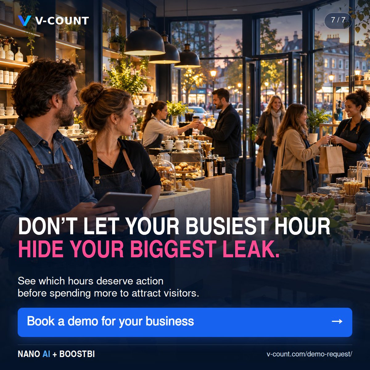 VCount's tweet photo. For every high-street business: choose your outcome, spot weak hours and act.

Nano AI + BoostBI. Suitable data and supported integration required.

Book a demo: https://t.co/Iykj9mA1Ur https://t.co/2JjLHyQmAc