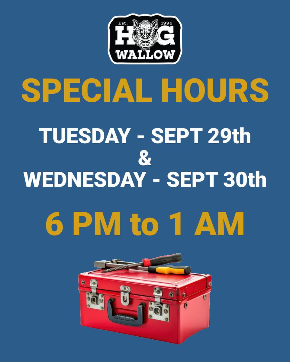 TheHogWallow's tweet photo. Heads up, Wallowers: we're opening late today and tomorrow. 🐗

We're doing some daytime upgrades that knock the power out, and it turns out pouring drinks in the dark is frowned upon. Doors open at 6pm Tuesday (9/29) and Wednesday (9/30).

#HogWallow #CottonwoodHeights #Utah https://t.co/ke6FS8BU2p
