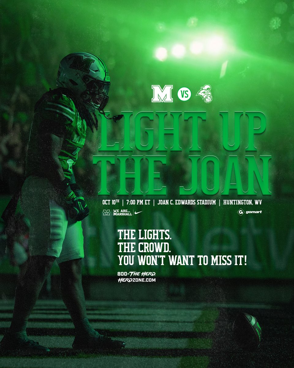 HerdZone's tweet photo. The Joan under the lights. 🟢⚡

October 10th. Saturday night. 7 PM. Coastal Carolina.

You won’t want to miss this one.

🎟️ Get your tickets now: https://t.co/TYQNOdSaFS

#LightUpTheJoan | #WeAreMarshall https://t.co/fQ6sjc8y2l