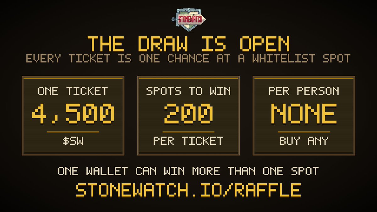 stonewatch_rh's tweet photo. Lucky 200 tickets win GTD WL 🎟️

One ticket = 1 chance
Ten tickets = 10 chances

Ticket price = 4500 $SW (~$0.9)

No cap per person. All $SW collected will be burned 🔥

This is the last chance to get WL for our upcoming FREE mint NFT collection 🪧

Try your chance -> https://t.co/pq68SKQyCa