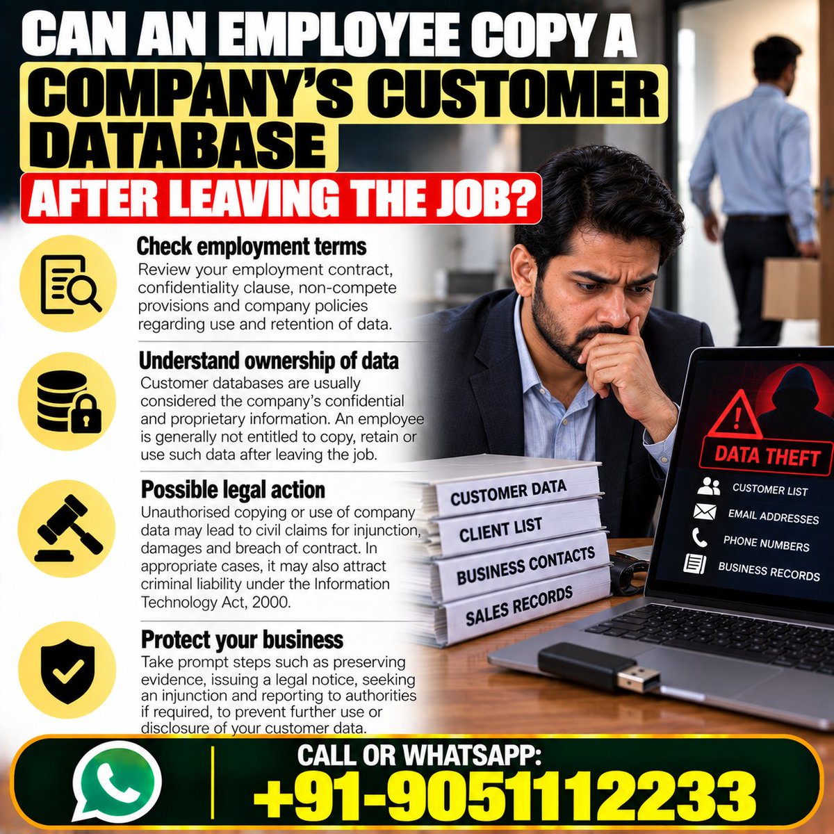 drakmphd's tweet photo. Can an employee copy a company’s customer database after leaving the job? 
Call or WhatsApp: +91-9051112233 
#TechnologyLaw #EmploymentLaw #DataProtection https://t.co/Jgq8uohJ8l