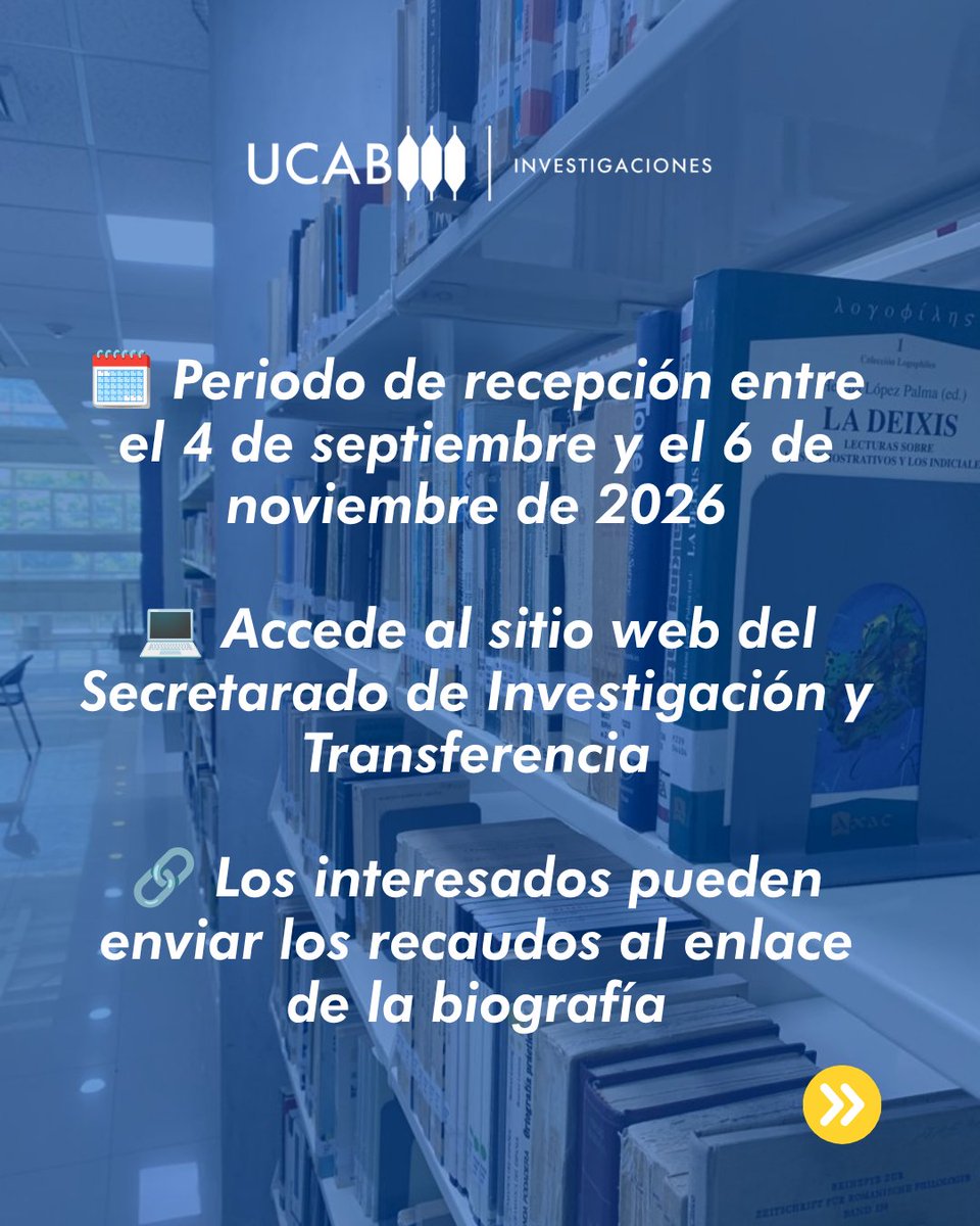 InvestigaUCAB's tweet photo. Docente investigador #UCAB 📢

Postula tu producto académico para el Premio a los Trabajos de Investigación y de Ensayo del personal docente de investigación de la #UCAB desde el #4Sep al #6Nov

Escribe a los correos📩jhernaez@ucab.edu.ve | jdasilva@ucab.edu.ve https://t.co/tYQ5Hy1dQD