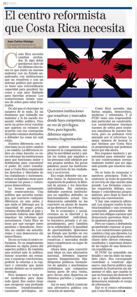 jchidalgo's tweet photo. Costa Rica necesita un cambio sin autoritarismo y una democracia sin inmovilismo.

Quienes creemos en ese centro reformista debemos superar nuestra fragmentación y construir una alternativa política con vocación de gobierno.

Les comparto mi artículo hoy en @nacion: https://t.co/xVSmgJU97l