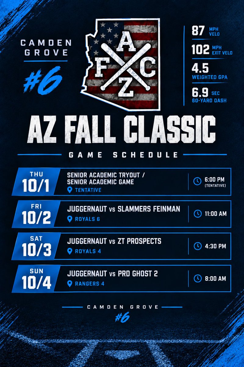 CamdenGrov69241's tweet photo. Here’s my schedule for the AZ Fall Classic this weekend. I will be playing with GBG Juggernaut!

@TyWente @beau2185 @UrkishGold22 @gaberamos_99 @Coachleal0311 @lil___ortiz https://t.co/0Qmz096ZJ1