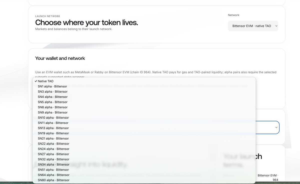 taolaunch's tweet photo. Choose the suitable launch network between Robinhood or Bittensor EVM and launch with multiple subnet pairing options available.

Selected Bittensor EVM network in this below screenshot https://t.co/a8rcthKVx6