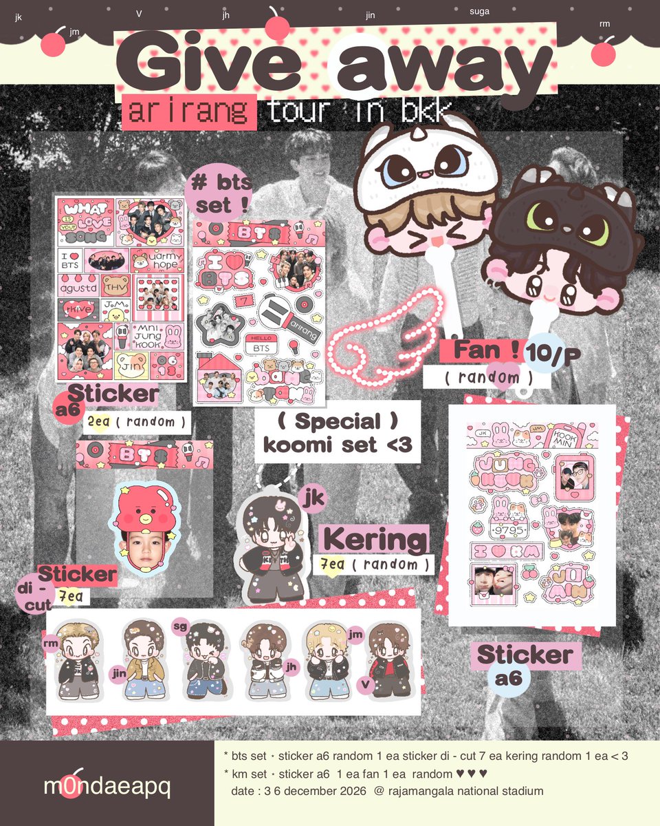 m0ndaeapq's tweet photo. ⋆ pls kindly rt *️⃣ <3 *
and rt random 1 set !    ྀི 

⋆ 77 set !𐬹( thai army only ♡ )
🎐 give away for arirang tour ⭑

♥︎ ͜͡⠀date : 3 6 december 2026 
time : ( tba ) 🌁🪽
🏟️ @ rajamangala national stadium 

* more details in mention *
#BTS_WORLDTOUR_BANGKOK https://t.co/akQzOmdp96