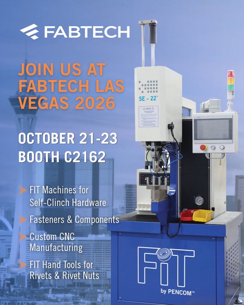 PencomSF's tweet photo. See the #PENCOM team in action at FABTECH Las Vegas 2026!

📍Booth C2162

Our FIT™ machines and riveting solutions will be ready for live demos. Bring us your toughest #manufacturing challenges and see how we can help.
#FABTECH2026 #innovation #metalfabrication #metalmarketplace https://t.co/l6pzhPCezF