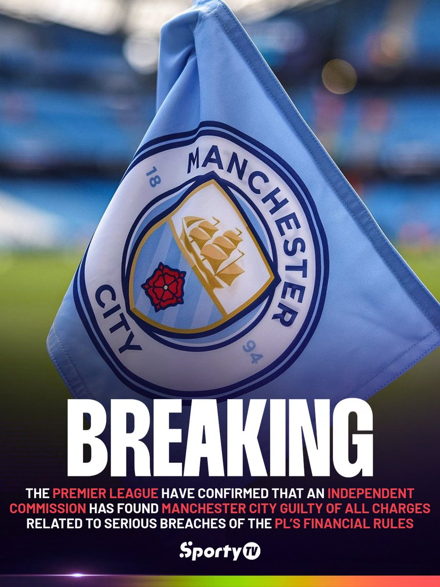 SportyTV's tweet photo. 🚨 BREAKING: Premier League confirm an independent Commission has found Manchester City GUILTY OF ALL CHARGES related to serious breaches of the Premier League’s financial rules over a nine-season period, and the majority of charges in relation to its failure to co-operate with the League’s investigation 👮‍♂️

The club has the right to appeal the independent Commission’s findings and has until Friday 2 October to exercise that right 👨‍⚖️