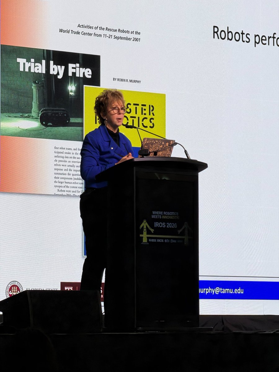 ieeeiros's tweet photo. Happening now at #IROS2026! 🎤 Robin Murphy takes the stage in Hall C for her keynote, “Rethinking Disaster Robotics: The Open Questions That Matter Now.” https://t.co/cnf57dvBYX