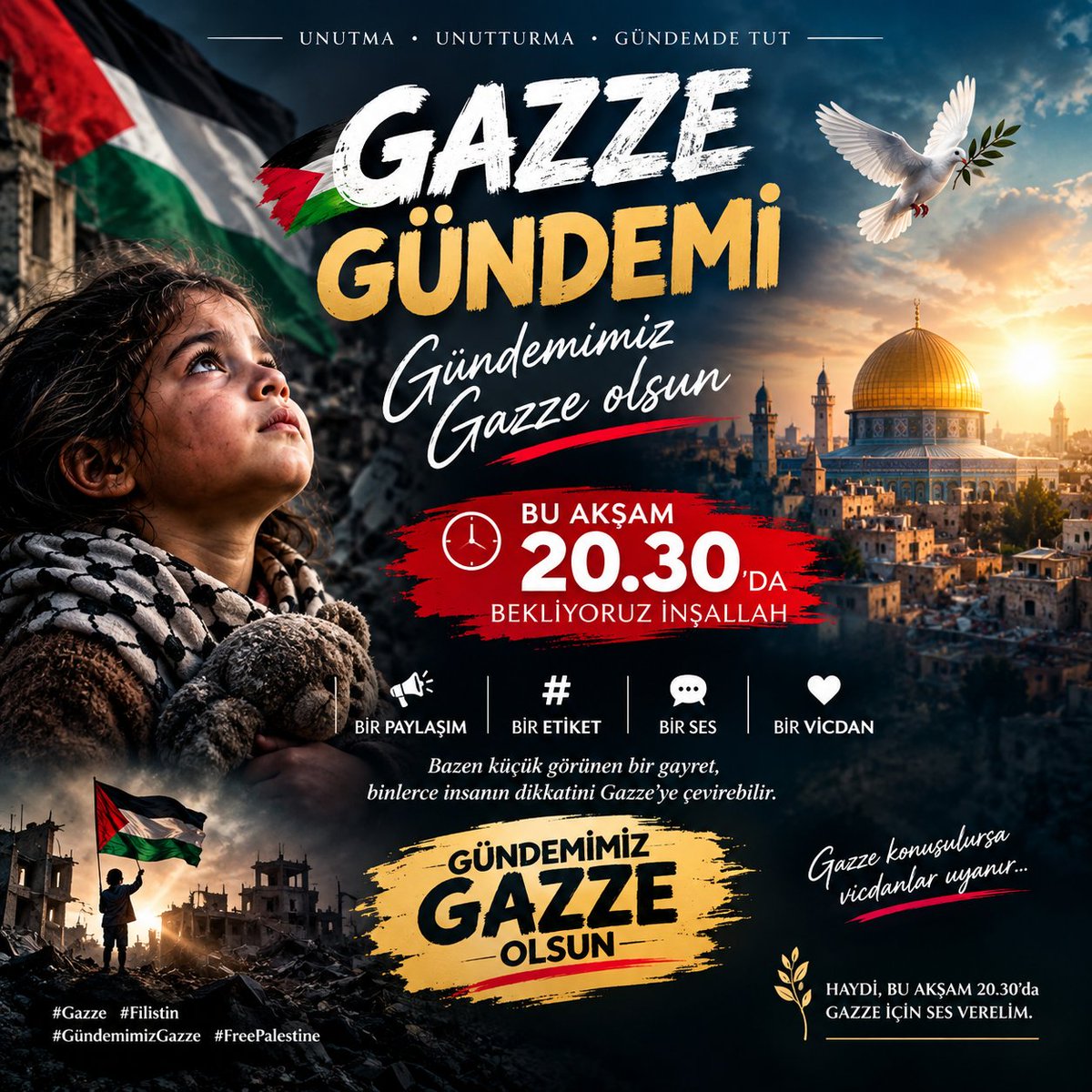 Ferdi_Karabasan's tweet photo. 🕊️ GAZZE GÜNDEMİ — BU AKŞAM 20.30

Gazze susmuyor…
Gazze’nin yarası kapanmıyor.
Enkazlar, kayıplar ve devam eden acılar hâlâ dünyanın vicdanının önünde duruyor. 

Biz de unutmamak, unutturmamak ve Gazze’yi gündemde tutmak için bu akşam yeniden bir aradayız.

🕣 Saat 20.30’da bekliyoruz inşallah.

📢 Bir paylaşım…
📢 Bir etiket…
📢 Bir ses…
📢 Bir vicdan…

Bazen küçük görünen bir gayret, binlerce insanın dikkatini Gazze’ye çevirebilir.

Bugün gündemimiz ne olsun?
🇵🇸 Gazze olsun.

Çünkü Gazze gündemden düşerse, zulüm görünmezleşir.
Gazze konuşulursa, vicdanlar uyanır.

🤲 Haydi, bu akşam 20.30’da Gazze için ses verelim.

Gündemimiz Gazze olsun. 🇵🇸🕊️

#Gazze #Filistin #GündemimizGazze #FreePalestine