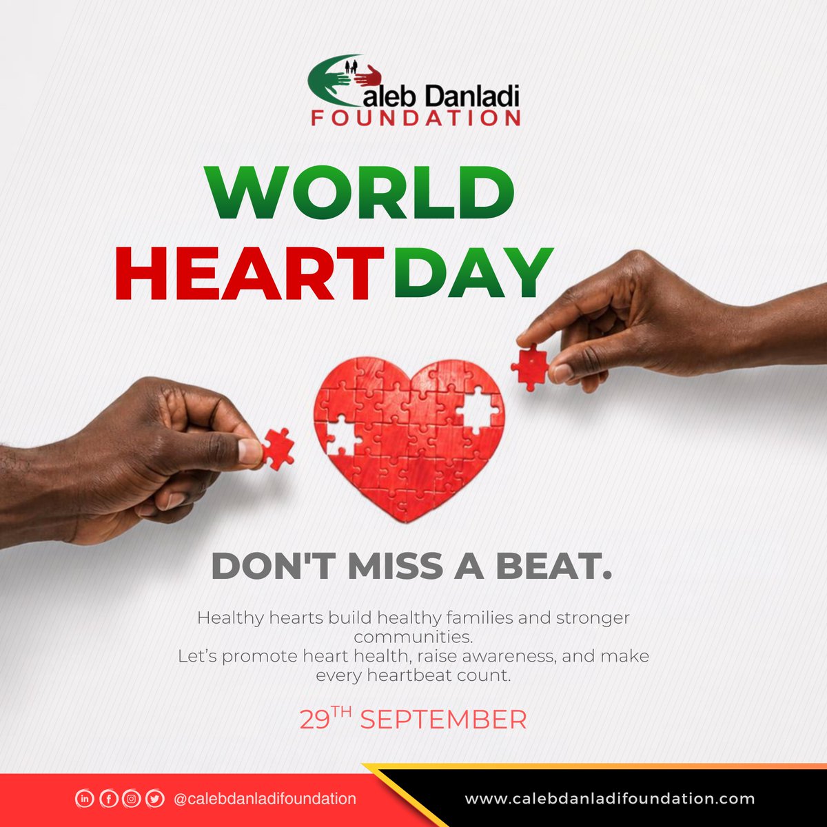 CDanFoundation's tweet photo. World Heart Day

Don’t Miss a Beat. ❤️

Healthy hearts build healthy families and stronger communities.
 Let’s promote heart health, raise awareness, and make every heartbeat count. https://t.co/GxXYzNbp4a