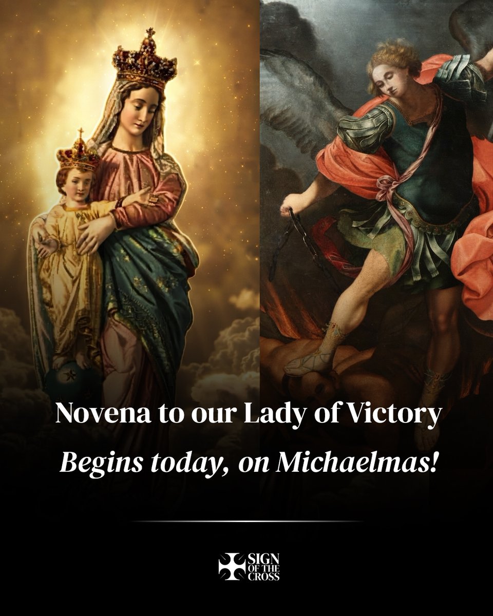 CatholicSOTC's tweet photo. Today begins the novena to Our Lady of Victory, through whose intercession in the Rosary saved the Christian West from the Ottoman fleet at Lepanto.

It is no accident that this victory came nine days after St. Michael's feast today.

Pray that Our Lady of Victory and St. Michael defend Christendom.