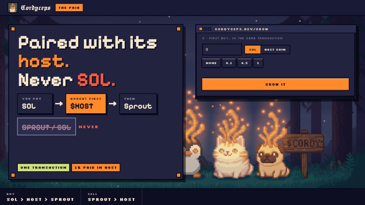 cordyceps_sol's tweet photo. A normal launch pairs your coin with SOL

A sprout is paired with its host

You pay in SOL, the host coin is bought first, then the sprout

Sell it and you get the host coin back

All in one transaction https://t.co/5T14BxZzea