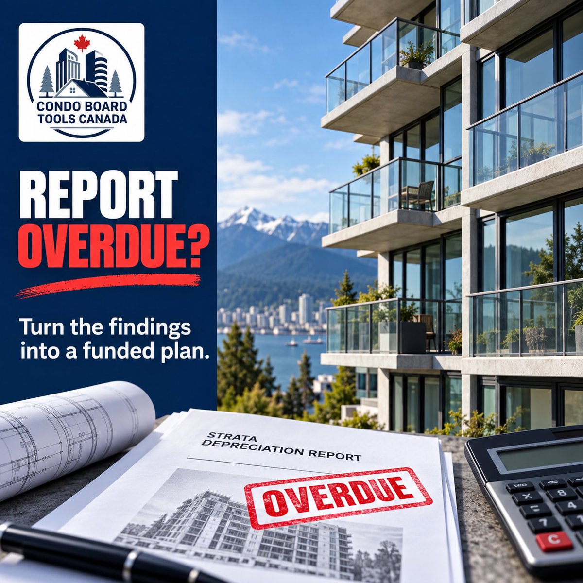 CondoBoardCA's tweet photo. Is your BC strata’s depreciation report overdue? For many stratas in Metro Vancouver, the Fraser Valley and CRD, the July 1, 2026 deadline has passed. Confirm compliance, retain a qualified provider and turn the report into a funded repair plan. #BCStrata https://t.co/WgRm9KDEjT