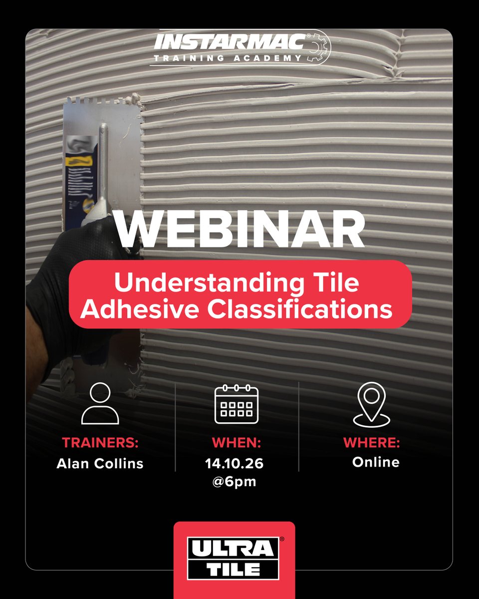 Instarmac_Tech's tweet photo. Do you know your tile adhesive classifications?
📅 Book your place today and get to grips with tile adhesive classifications!
👉 Register here: https://t.co/a8LaejtHkB
#UltraTile #Tiling #TileAdhesive #TilingTraining #TrainingAcademy #TilingIndustry #TileInstallation https://t.co/F8Z7V3VcFM