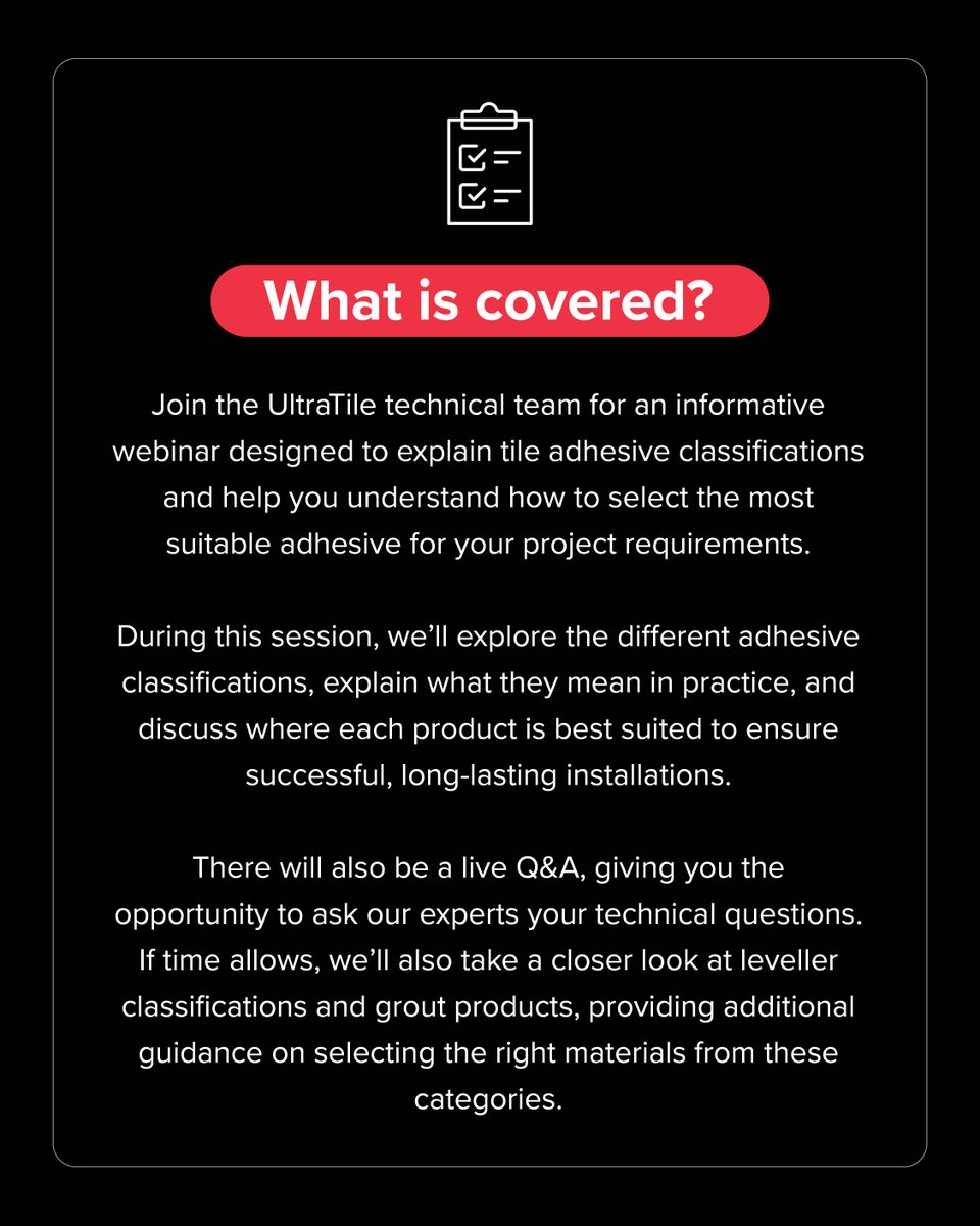 Instarmac_Tech's tweet photo. Do you know your tile adhesive classifications?
📅 Book your place today and get to grips with tile adhesive classifications!
👉 Register here: https://t.co/a8LaejtHkB
#UltraTile #Tiling #TileAdhesive #TilingTraining #TrainingAcademy #TilingIndustry #TileInstallation https://t.co/F8Z7V3VcFM