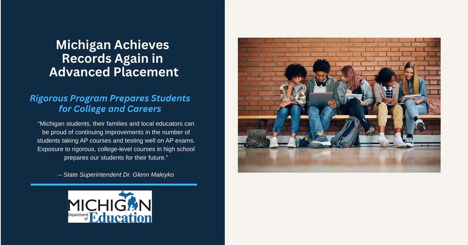 mieducation's tweet photo. Michigan continues to set records in the number of public school students taking rigorous Advanced Placement (AP) courses and the number performing well on AP exams. Read more here:  
https://t.co/zx06LwaA01 https://t.co/CYRJp1qBbJ