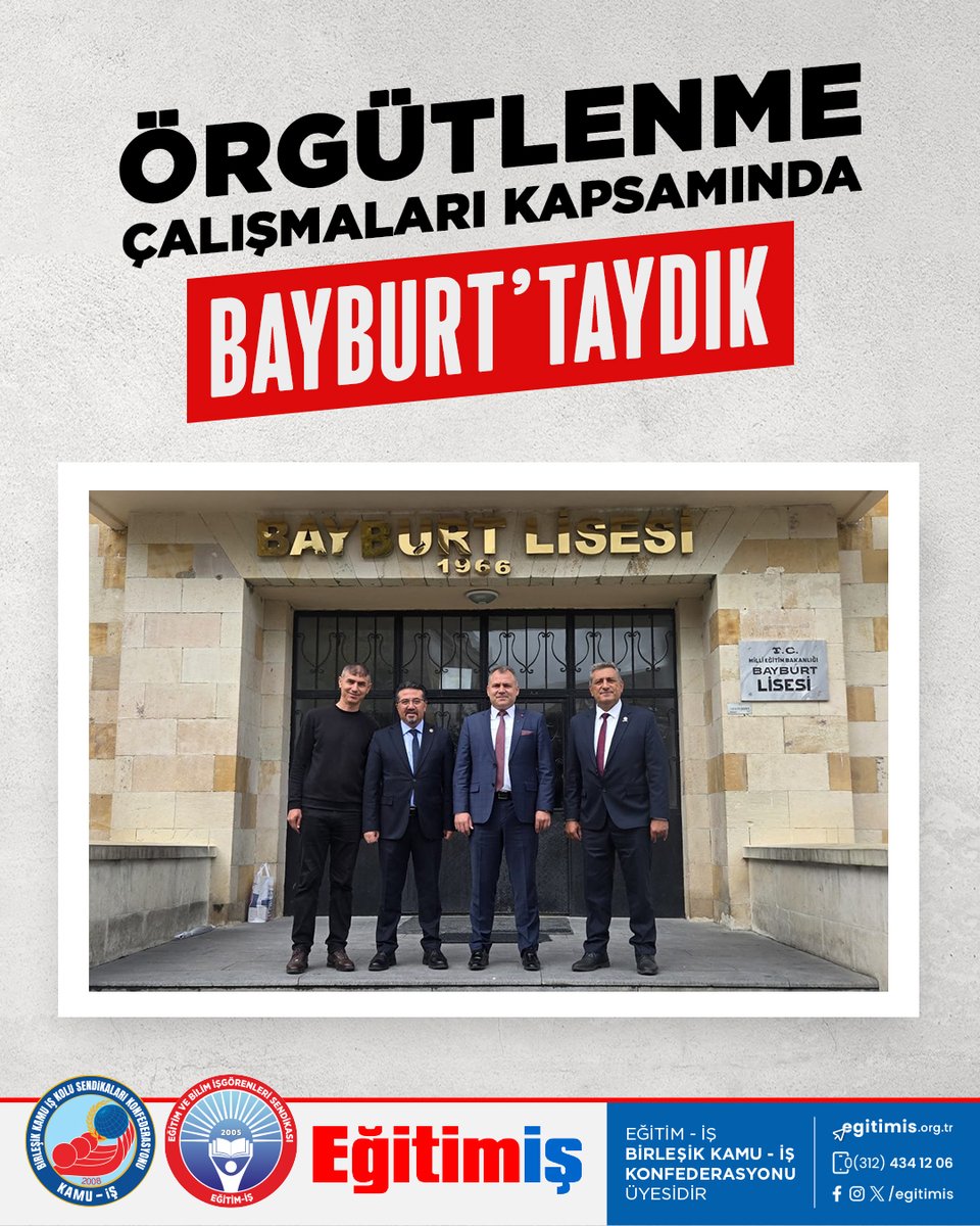 egitimisorg's tweet photo. Eğitim-İş olarak, örgütlenme çalışmalarımız kapsamında Bayburt’ta okul ziyaretleri gerçekleştirdik.

Genel Örgütlenme Sekreterimiz Bülent Metin, Bayburt İl Başkanımız Murat Irmak ve Sinop Şube Başkanımız Celal Tuncay Şahbenderoğlu eğitim emekçileriyle bir araya gelerek okullardaki çalışma koşullarını, bölgede karşılaşılan sorunları ve meslektaşlarımızın taleplerini dinledi.

Ziyaretlerimizde, sendikamızın eğitim emekçilerinin ekonomik, özlük ve demokratik haklarını korumak adına yürüttüğü örgütsel mücadele aktarıldı; sahadan gelen talepler doğrultusunda geliştirilen çözüm önerilerimiz ve eylem programımız paylaşıldı.
Eğitim-İş olarak, laik, bilimsel, kamusal ve nitelikli eğitim mücadelemizi her ilde, her okulda büyütmeye; eğitim emekçilerinin ve emeğimizin hakkını kararlılıkla savunmaya devam edeceğiz.

#Bayburt