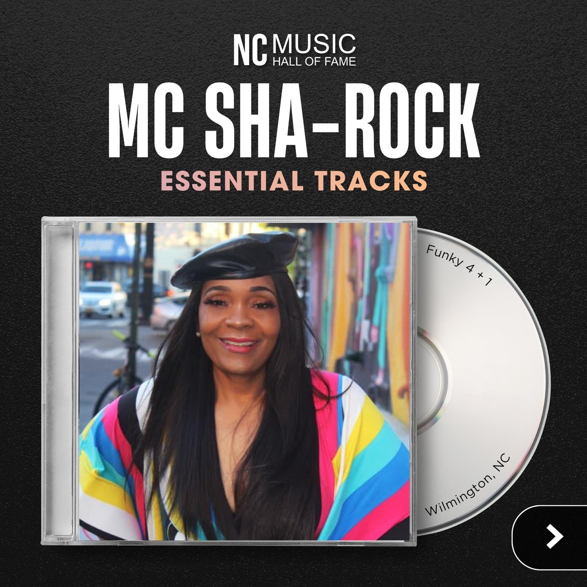 NCMHOF's tweet photo. MC SHA-ROCK holds an important place in hip-hop history as the genre's first female MC. Listen to some of her essential tracks, including "That's the Joint" and "Rapping and Rocking the House." MC SHA-ROCK will be inducted into the NC Music Hall of Fame on Oct. 15, 2026. https://t.co/HhYvk4z9ld