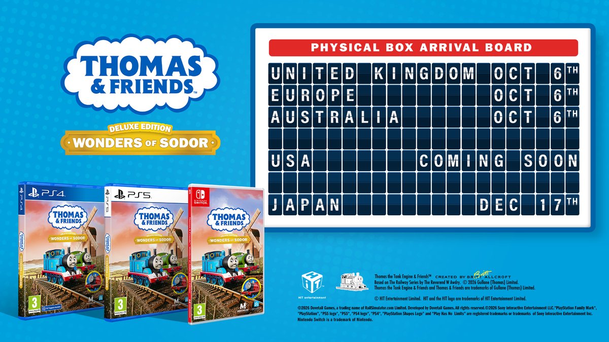 dovetailgames's tweet photo. We’re delighted to announce that the physical version Thomas &amp; Friends™: Wonders of Sodor – Deluxe Edition is coming to PS4, PS5 and Nintendo Switch on October 6th 2026 in EMEA and Australia. Japan is also scheduled to released December 17th 2026 and United States is coming soon https://t.co/Pfsntdz4ts