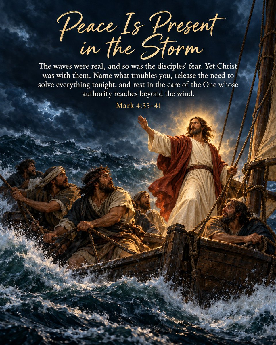 HolyVersesOrg's tweet photo. Mark 4:35–41 places the disciples in a boat overwhelmed by wind and waves while Jesus is with them. Their fear is real, and the danger is not imaginary. Yet the storm does not have the final word. Christ speaks, and chaos gives way to calm.

Some nights, our minds feel like that https://t.co/ZkDq4fIgpc