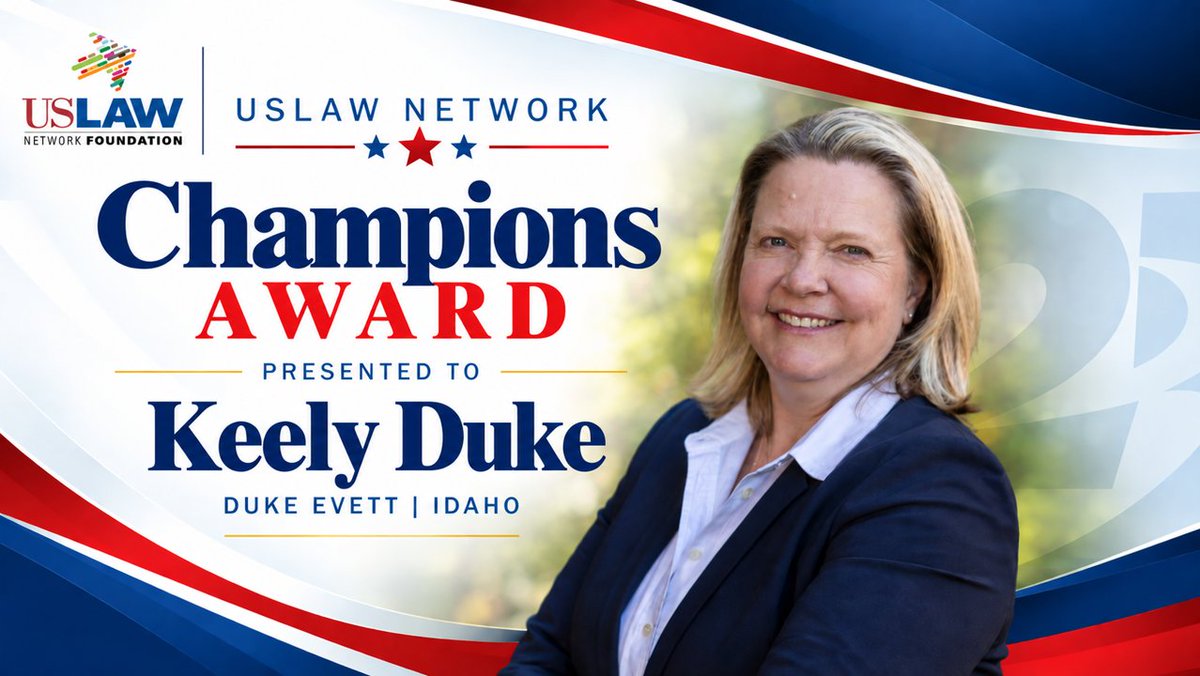 USLAWNETWORK's tweet photo. Congratulations Keely Duke of @DukeEvett (USLAW NETWORK Idaho member firm), the recipient of the 2026 USLAW Foundation Champions Award!

“From stepping forward to support a law school scholarship to consistently giving her time, guidance and expertise, Keely Duke is always among the first to ask how she can help. She is a mentor, a trusted resource and a leader who sees the potential in others and helps them succeed. It is that extraordinary spirit of generosity and service that we are proud to honor with the 2026 USLAW NETWORK Champions Award,” announced USLAW NETWORK Immediate Past Chair Jennifer Tricker.

Read more - https://t.co/9yVp7H1hhl

#USLAW25 #EraUS