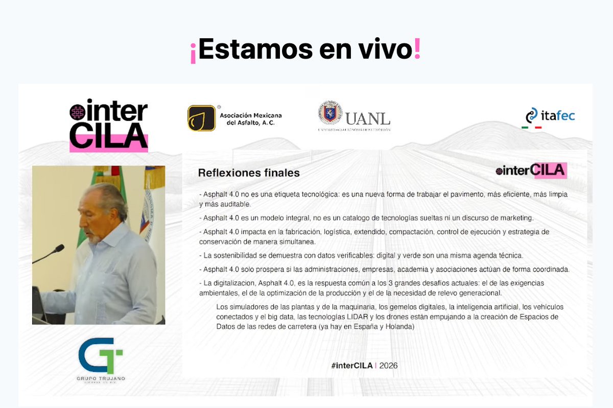 Perisandru's tweet photo. 📊 La tecnología al servicio del planeta y las personas:
 🌱 Reducción del 8% en consumo de combustible y emisiones CO2 en vías como la M-50 de Madrid gracias a pavimentos optimizados. 

👥 Digitalización para atraer y formar al nuevo talento técnico. 🛣️✨

@jjpotti @interCILA @itafec_mx #CarreterasyAlgomas #perisandru