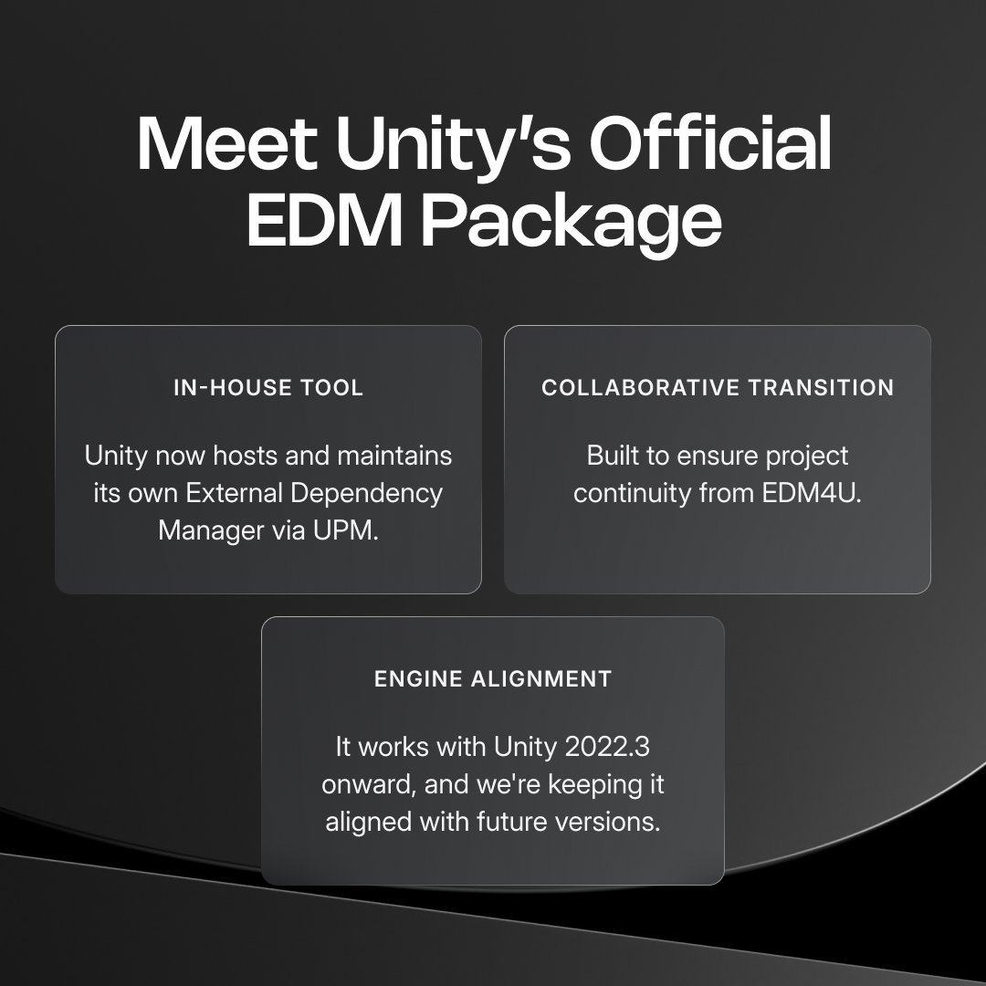 unitygames's tweet photo. Attention Unity Mobile Developers and SDK maintainers! 📢

With Google’s EDM4U winding down, we’re here to ensure project continuity and stability for your mobile games.

Meet External Dependency Manager (EDM) - Unity’s official UPM package for managing native Android and iOS dependencies on Unity 2022.3+.

🔗 Read more about these changes and learn how to migrate: https://t.co/YMdATAGp4n