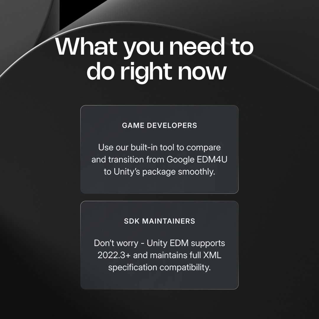 unitygames's tweet photo. Attention Unity Mobile Developers and SDK maintainers! 📢

With Google’s EDM4U winding down, we’re here to ensure project continuity and stability for your mobile games.

Meet External Dependency Manager (EDM) - Unity’s official UPM package for managing native Android and iOS dependencies on Unity 2022.3+.

🔗 Read more about these changes and learn how to migrate: https://t.co/YMdATAGp4n