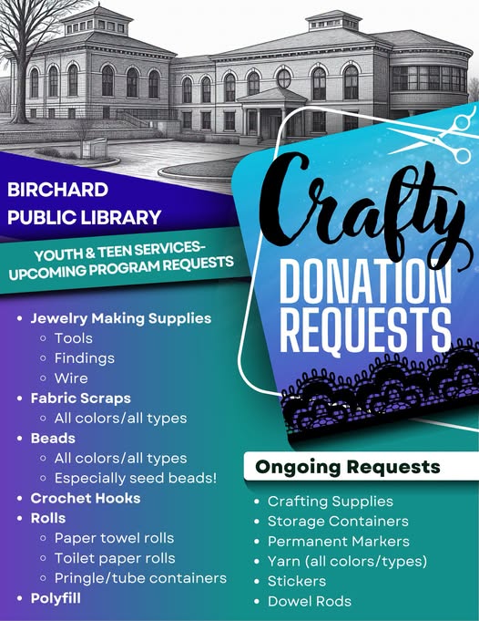 BirchardLibrary's tweet photo. Our Main Library has a new crafty donation request list. If you have any of these items to donate, they can be dropped off at the Children's Desk. https://t.co/31oMOMLAWW