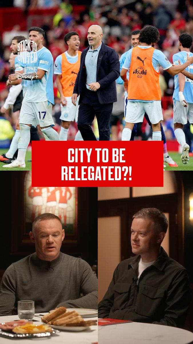 A promotional graphic from "Stick to Football" (Disney+) featuring Pep Guardiola and Manchester City players in the top panel with the headline "CITY TO BE RELEGATED?!", paired with images of Wayne Rooney discussing the verdict below, illustrating Rooney's prediction that City will be relegated following their guilty verdict but should not have their Premier League titles stripped.