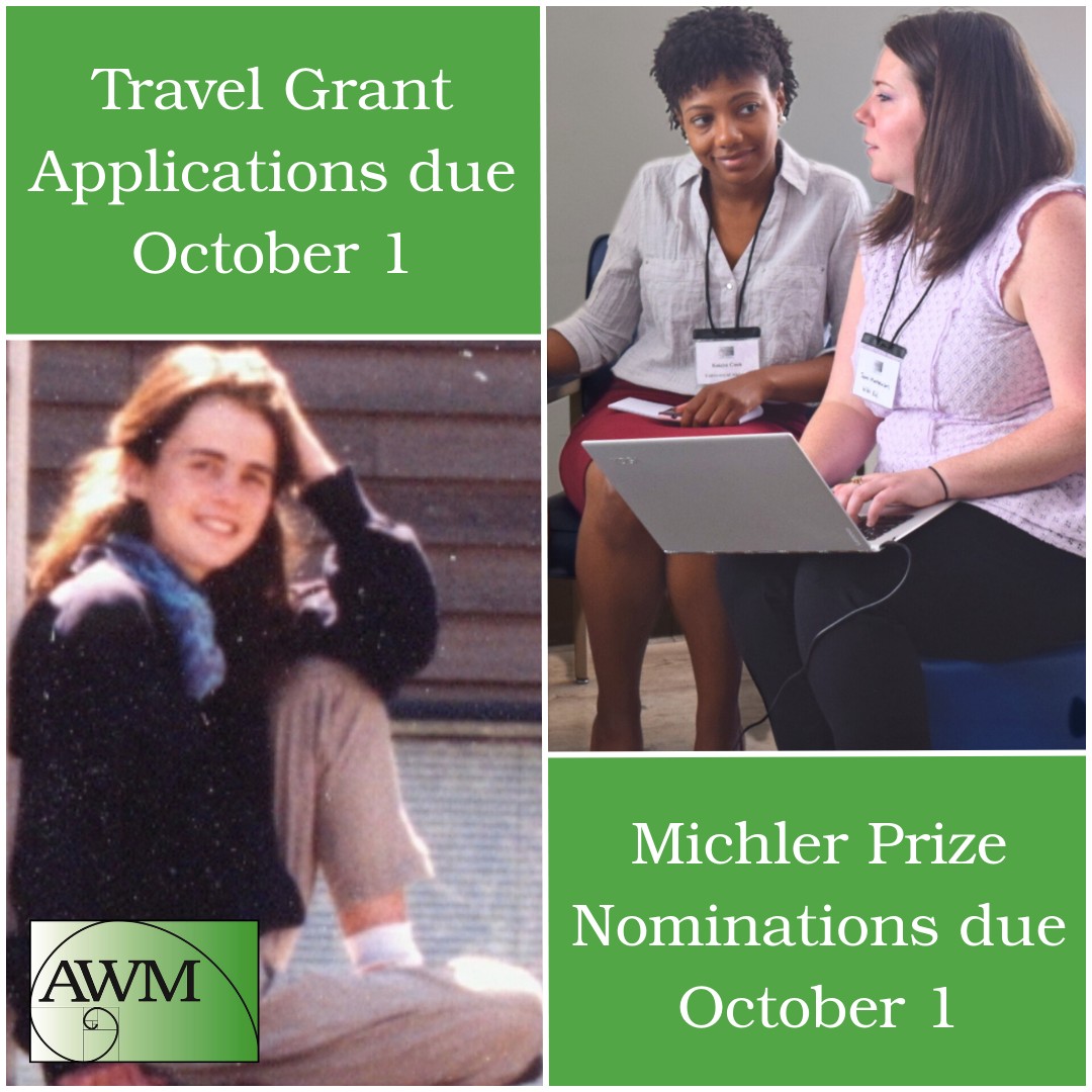 AWMmath's tweet photo. Reminder! We have two deadlines coming up this Thursday, October 1.

🏆 Ruth I. Michler Memorial Prize Applications
Apply here: https://t.co/Q8PZ5K7T6q.

✈️ AWM Travel Grant Applications
Apply here: https://t.co/MxSUuIMbZk.

#AWM #Research #Excellence #Mathematics #WomenInMath https://t.co/kMKh3Mo2fM