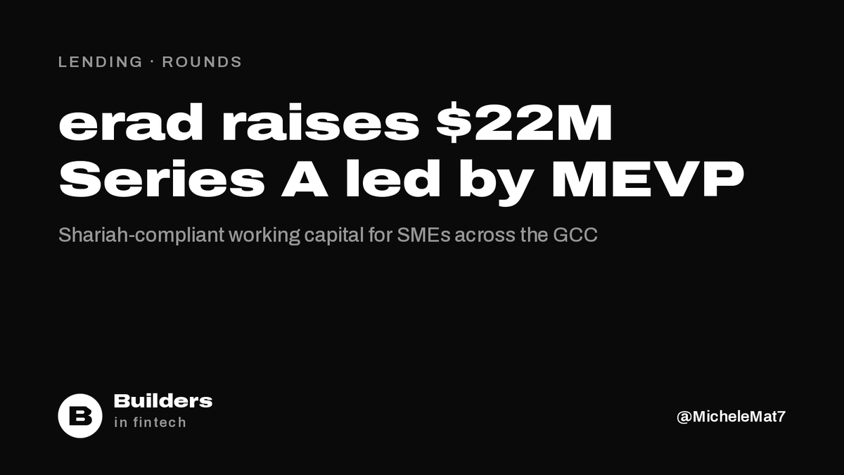 MicheleMat7's tweet photo. erad raises a $22M Series A led by MEVP, with 500 Global, SVC and ANB Capital among new investors.

The Riyadh lender gives GCC SMEs Shariah-compliant working capital of up to SAR 10M, approved in 48 hours on average. SAR 500M+ deployed; 8x growth in Saudi Arabia in a year. https://t.co/euenlWXrYJ