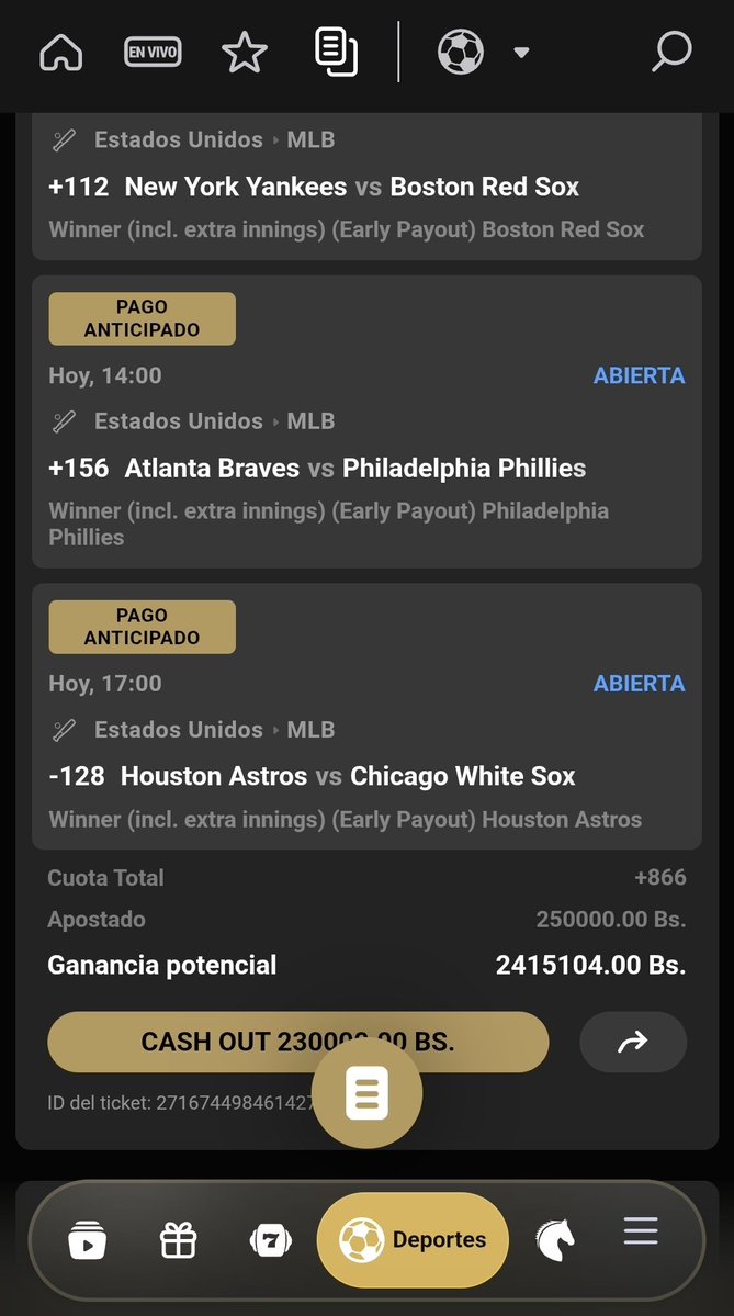 sopafria119's tweet photo. #PARLEY #MLB #29Sep
*TRIPLETA GANADORA EFECTIVA:
⚾ PHILADELPHIA A GANAR
⚾ HOUSTON A GANAR
⚾ BOSTON A GANAR
Esta jugada la puedes realizar en mi casa de apuesta de confianza
#VIPbet
Registrate Gratis
AQUÍ 👇 👇
https://t.co/tigk9WUnAP
Aprovecha ese gran bono de bienvenida. https://t.co/yAeP5Myizx