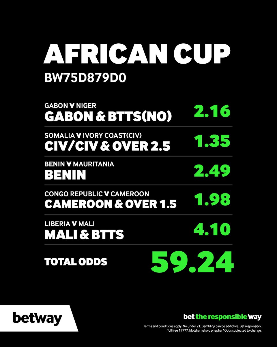 BetwayBW's tweet photo. Ready for the African Cup action? ⚽🔥 Check out our top picks and massive odds for this week’s fixtures! Will your predictions match ours?
Try yours here: https://t.co/fFcsyDUDOS
#AfricanCup #FootballPredictions #BetResponsibly #TotalOdds https://t.co/1kK5LhpXg1