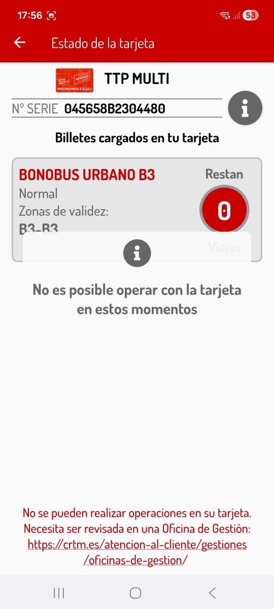 LCayeSa's tweet photo. Hola, hoy cuando he ido a usar mi tarjeta de transporte me he encontrado que no me dejaba usarla xq segun le salia al conductor estaba fuera de zona pero yo sabia que me quedaban viajes, la he mirado en la app y me sale esto, que ha pasado con mis viajes?
@CRT_Madrid https://t.co/my8f8TATux