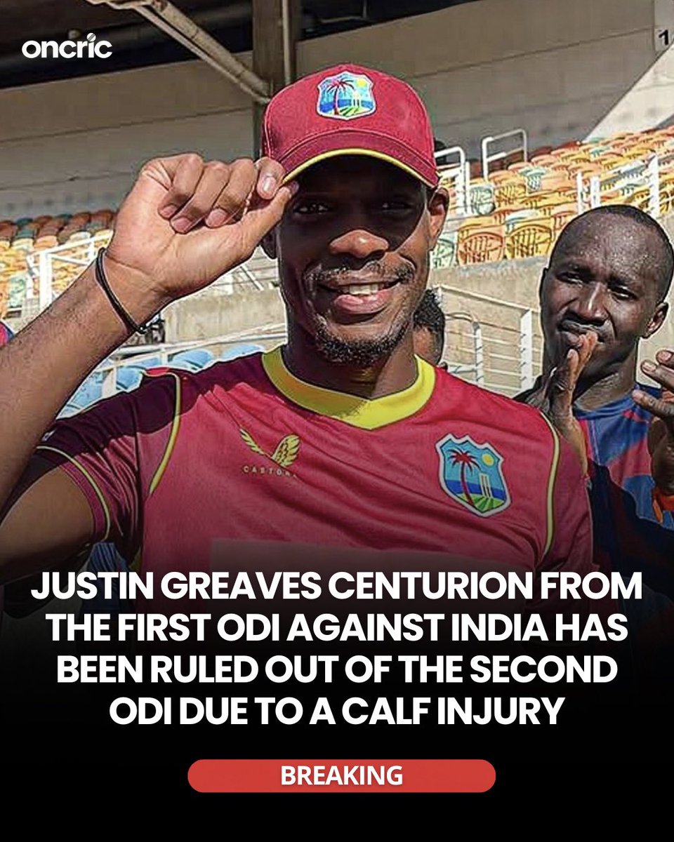 oncric_'s tweet photo. Justin Greaves, who scored a century in the 1st ODI against India, has been ruled out of the 2nd ODI due to a calf injury. https://t.co/Io8hGd1e61