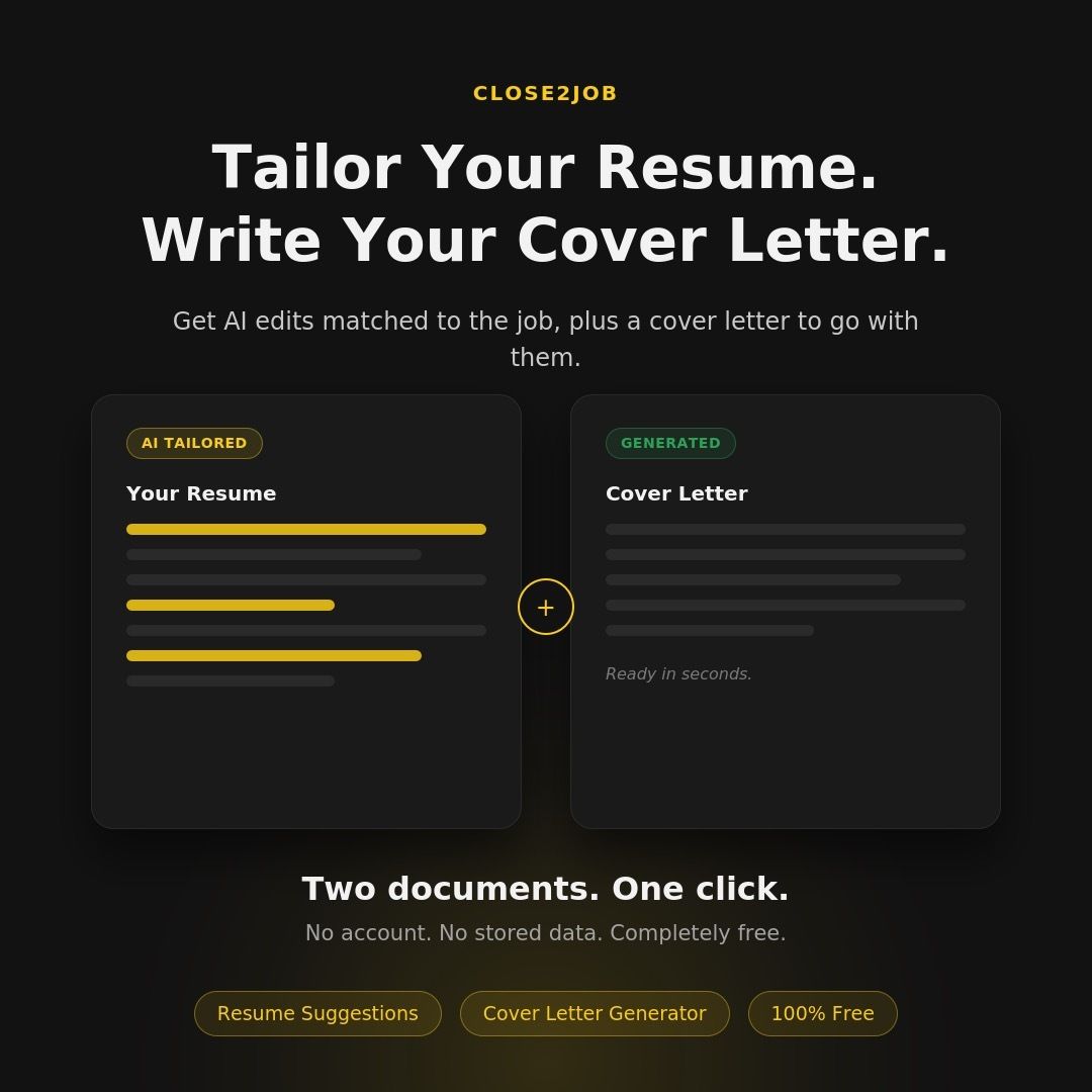 close2job's tweet photo. A generic resume gets generic results.

Close2Job tailors your resume and drafts a matching cover letter for each job description, so every application actually fits the role.

Free. No login required.

#JobSearch #ResumeTips #AI #CareerTech https://t.co/mFJBqKvvA7