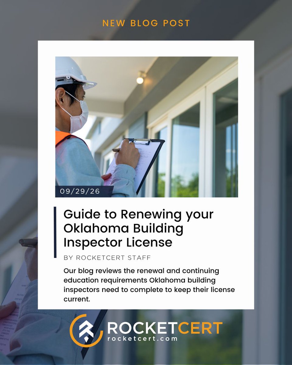 rocket_cert's tweet photo. Oklahoma building inspectors, make sure you are prepared for your next renewal. Our latest guide covers continuing education and license renewal requirements. #OklahomaBuildingInspector #ContinuingEducation #CodeOfficial #RocketCert https://t.co/up8fpduZit