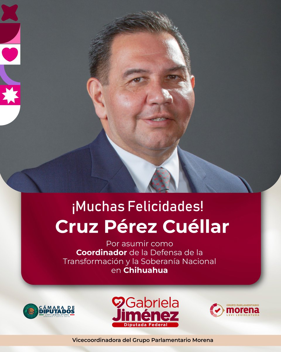GabyJimenezMX's tweet photo. Muchas felicidades, @CruzPerzCuellar, por asumir la Coordinación para la Defensa de la Transformación y la Soberanía Nacional en Chihuahua. 

Te deseo mucho éxito en esta nueva etapa. Viene una responsabilidad importante para seguir fortaleciendo la unidad, la organización y el trabajo de nuestro movimiento en Chihuahua.

Que sea un camino de mucho trabajo y buenos resultados para la gente. 🇲🇽❤️

#GabrielaJimenez #Morena #Chihuahua #Transformación